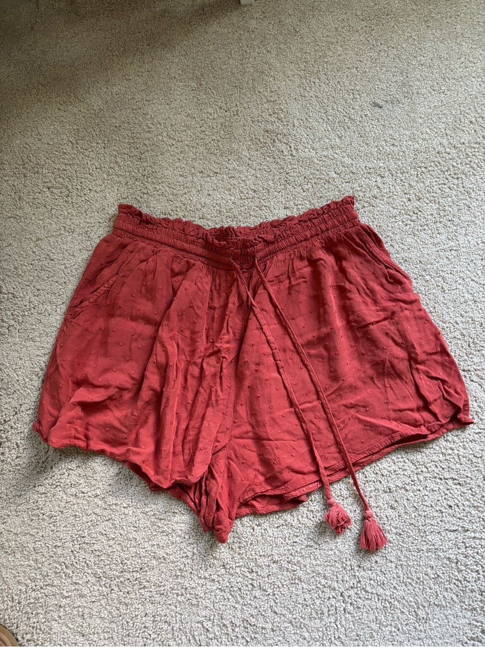 Spoiled Rust Red High Waist Tassel Drawstring Shorts